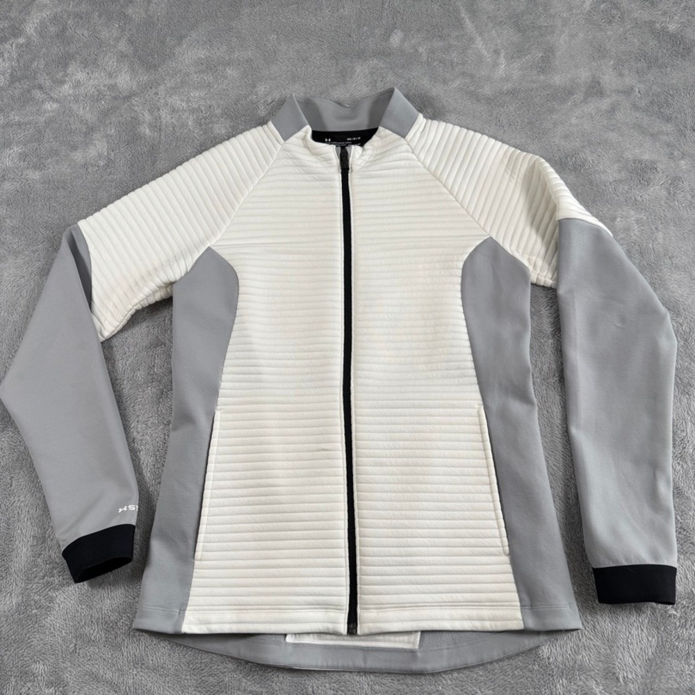 Under Armour Jacket Womens Medium White Gray ColdGear Storm Full Zip Ribbed Coat